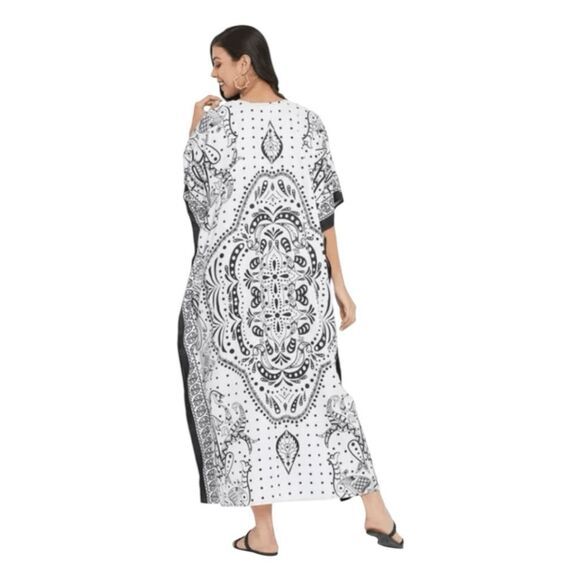 Gypsie Blu Kaftan Maxi Dress Black White Flowy Knit Kimono Sleeves OS - Picture 4 of 13